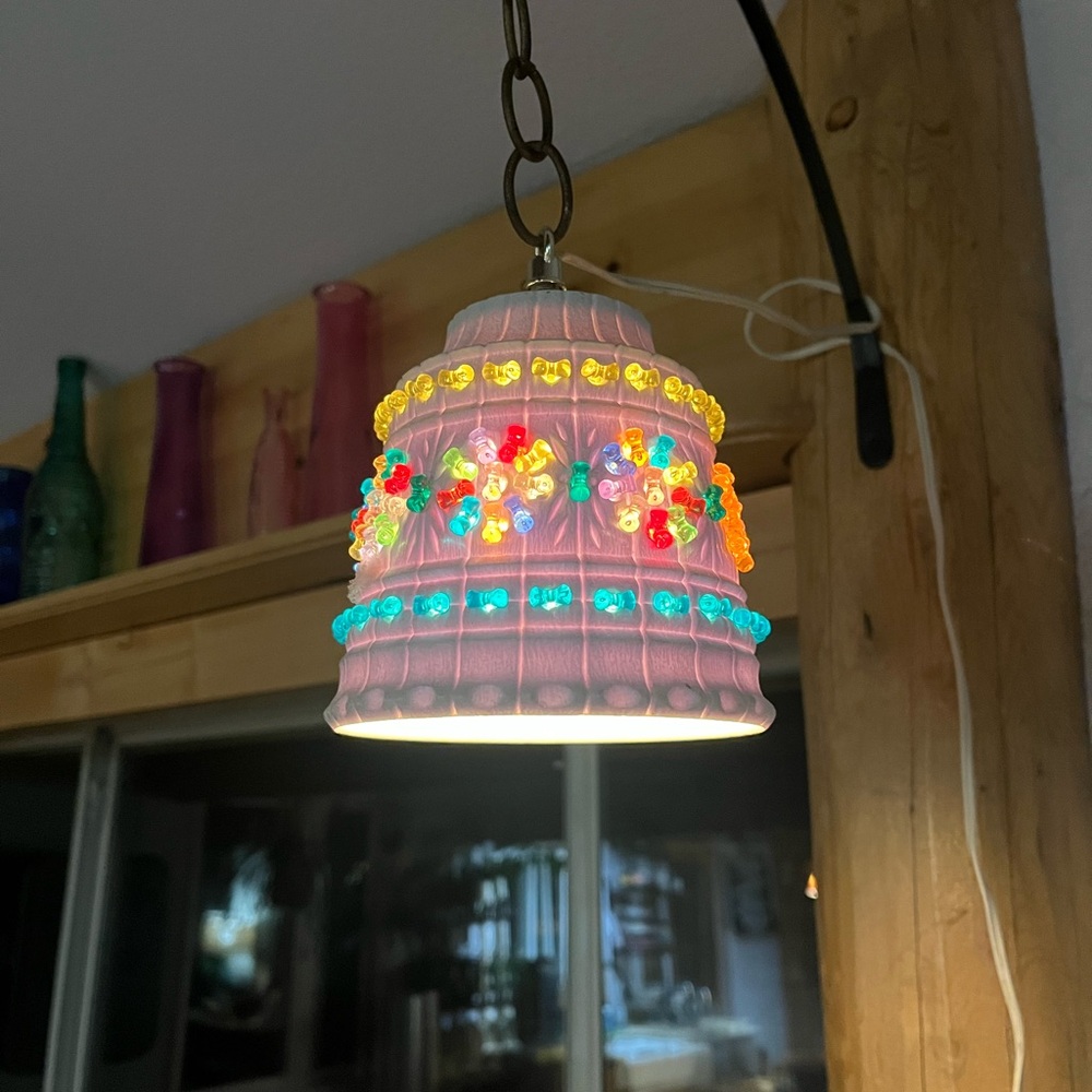 Vintage Boho Small Swag Lamp • Beaded Plastic Pendant Light • Plug-In - Picture 6 of 10